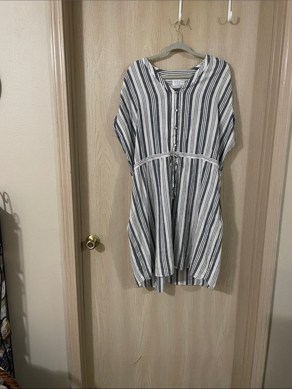 Time and Tru Navy and White Vertical Stripe Midi Dress with Tie Waist